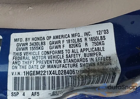 2004 Honda Civic Vp из США, поврежденный, VIN 1HGEM221X4L028406